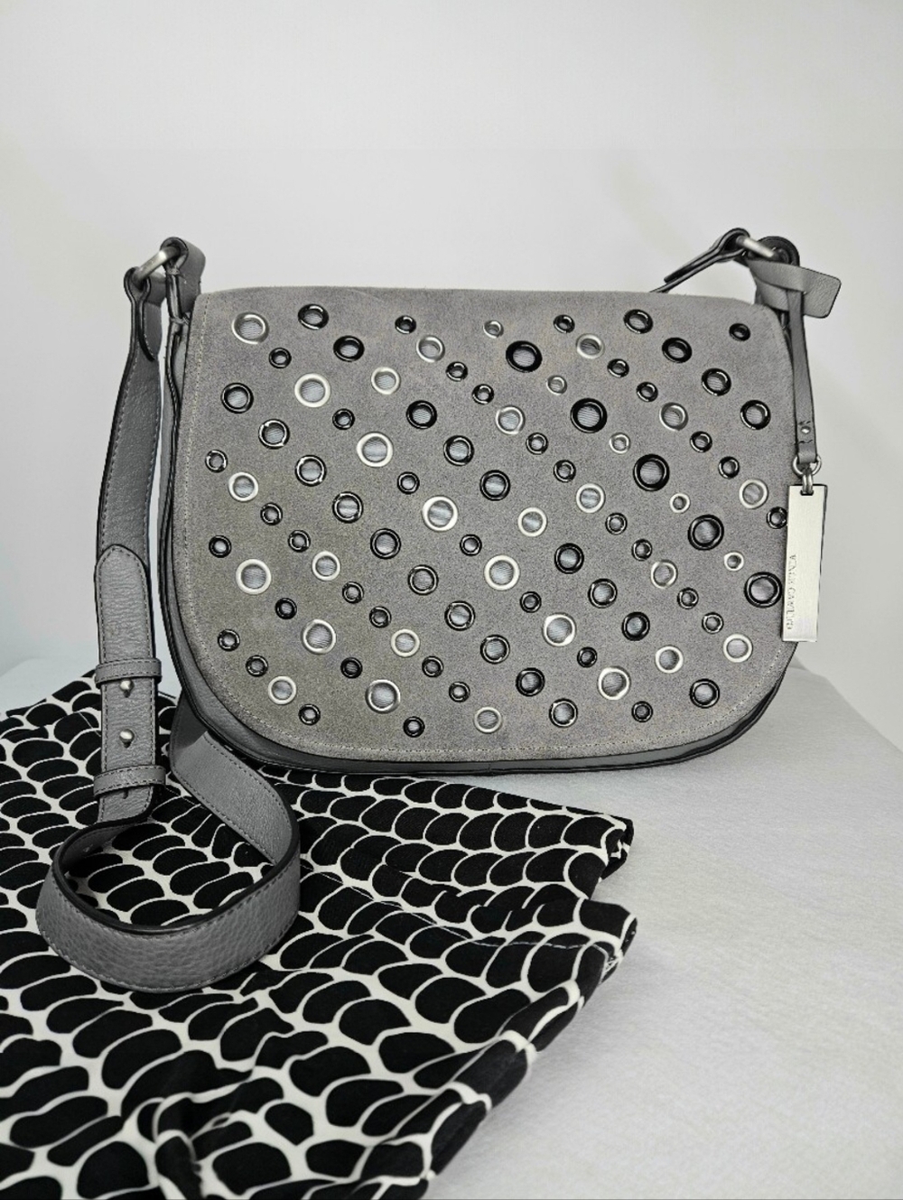 Vince Camuto 12x10x4" Messanger Shoulder Bag Grey Suede Leather Grommets Strap